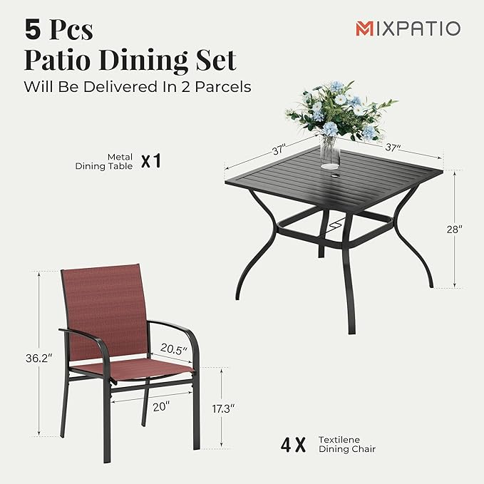 5 Pieces Patio Table and Chairs Set, 4 Person Outdoor Dining Furniture Set, 4 Red Textilene Chairs and 37" Square Metal Table with Umbrella Hole, for Deck Backyard Lawn