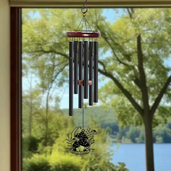 Personalized Customize Name Fantasy Mushroom Wonderland Wind Chime, Metal Iron 37 Inch Outdoor Memorial Gift for Garden Yard Patio Home Decor, Black (Style D)