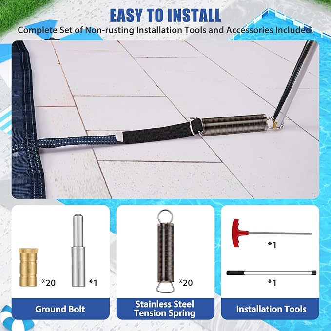 Inground Pool Cover Safety Fits Rectangle Swimming Pool, Mesh Solid Pool Cover for Inground Pools,Winter Pool Safety Cover Includes Safety Net and Installation Tools Blue (Blue, Fits 16x36ft Pools)