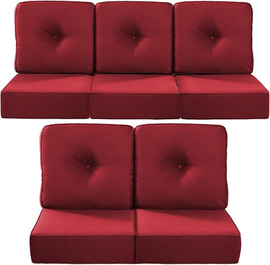Luxury 22x24/22x25 6-Inch Outdoor Cushions for 5 Peice Patio Furniture Set - Set of 5 Water Repellent Pillow for Wicker Rocking Swivel Chairs Loveseat Couch Sectional Sofa - Red