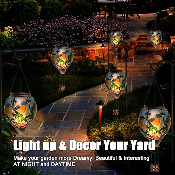 Hot Air Balloon Solar Lantern - Bluebird Glass Lantern, Simulated Flickering & Dancing Flame, Outdoor Hanging Yard Light Waterproof IP65 for Patio Lawn Porch Decor Gift