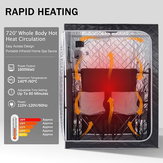 Gollense Portable Infrared Sauna for Home Spa 2 Person Full Size Personal Far Infrared Sauna Box with 2 Foldable Chairs, Dry Sauna Tent for Indoor, Black