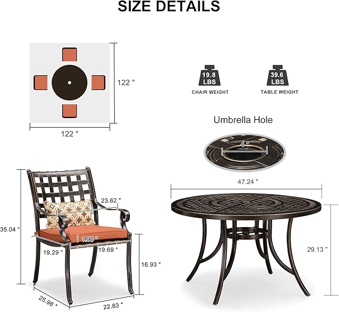 PURPLE LEAF 5 Pieces Patio Dining Set Cast Aluminum with 4 Armchairs and 47" Round Table, Cushion and Pillow Included, for Lawn Yard Garden Outdoor Dining Set, Brick Red