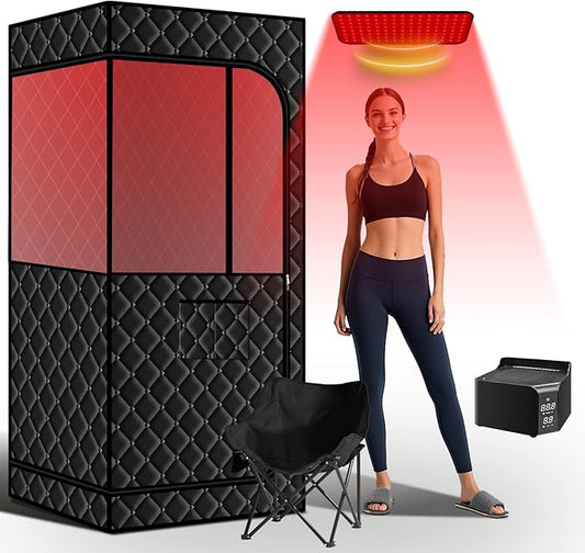 Smartmak Portable Sauna with Infrared 660nm Red Light Therapy Lamp for Home Relaxation, Personal Large Full Body Sauna Spa Tent, 185°F1500W High Power Hot Air Saunas, Folding Chair Indoor Use