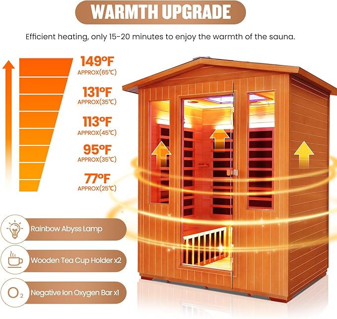 Outdoor Sauna 4 Person Dry Infrared Sauna with Red Light Wood Personal Spa Room Low-EMF 2600W 240V Abysmal Lamp Bluetooth Speakers 62.2"x46.9"x81.9"