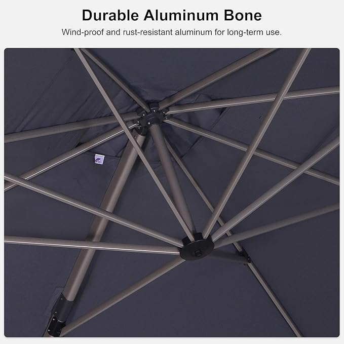 PURPLE LEAF 9' X 11.5' Patio Umbrella, Rectangle Outdoor Cantilever Umbrella, Aluminum Offset Umbrella with Champagne Frame and 360° Rotation for Pool Deck Garden, Light Grey