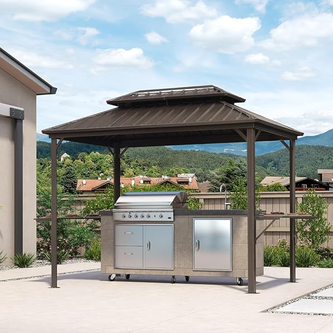 PURPLE LEAF 6.5' X 10' Hardtop Grill Gazebo for Patio Permanent Metal Roof with 2 Side Shelves Deck Yard Tent Aluminum Garden Outside Sun Shade Outdoor BBQ Canopy