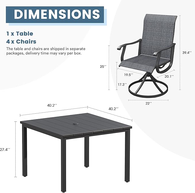 DIFY 5 Pieces Outdoor Patio Dining Set for 4, 40.2" Black Metal Square Dining Table and 4 Dark Grey Textilene Swivel Dining Chairs, Outdoor Table and Chairs
