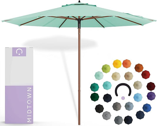 Midtown Umbrellas The Wooden 10 Feet Patio Umbrella With Sunbrella Canvas Glacier Acrylic Fabric - Aluminum Frame Market Umbrella For Backyard, Deck, Garden, Pool - Wooden Pole