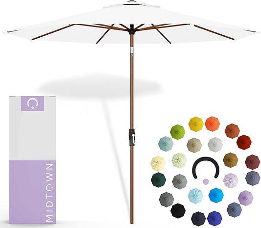 Midtown Umbrellas The Wooden 2-10 Feet Large Patio Umbrella, Terylast Ivory White Fabric - Auto-Tilt Aluminum Frame For Backyard Umbrella, Deck Umbrella, Garden Umbrella & Pool - Wooden Pole
