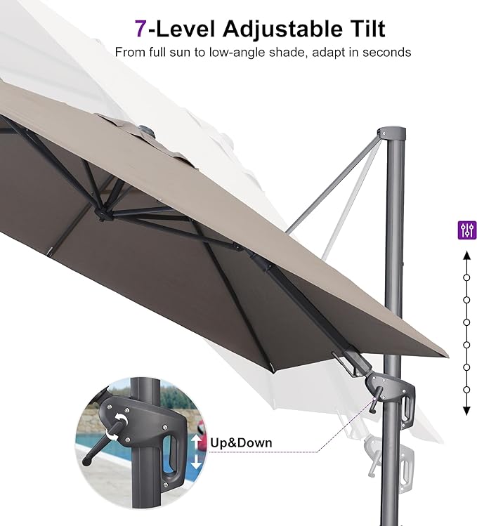 PURPLE LEAF 10' X 10' Swivel Outdoor Patio Aluminum Umbrella with Base Left-right Tilting Cantilever Offset Umbrella with UV Resistant Heavy Duty Fabric for Deck Pool Patio Backyard, Ash Mocha