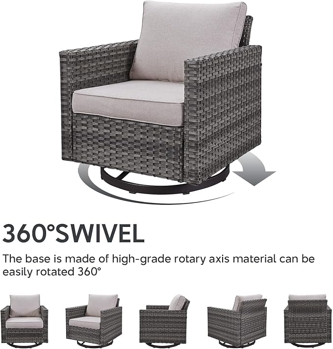 Outdoor Swivel Rocker Chairs Set of 4 with Fire Pit Table - 5 Peice Wicker Patio Furniture Set Conversation Set with 50,000 BTU Fire Pit for Deck Backyard - Grey Wicker Beige Cushion