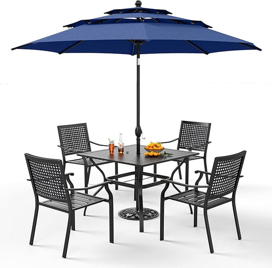 PHI VILLA 5 PCS Outdoor Dining Set with Umbrella for 4, Metal Steel Square Dining Table & Stacking Chais & 3-Tier Round Umbrella, Dining Furniture Set for Patio, Deck, Yard and Porch