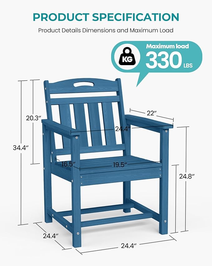 Set of 2 Weatherproof Patio Chairs - HDPE Outdoor Dining Chairs with Wide Seat, Ergonomic Design - for Garden, Backyard, Deck - Navy Blue
