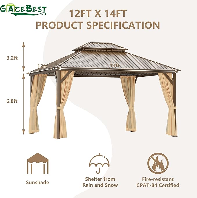 12x14 ft Hardtop Gazebo Outdoor Aluminum Patio Gazebo Double Roof Galvanized Steel Canopy with Netting and Curtains for Garden, Backyard,Deck and Lawns