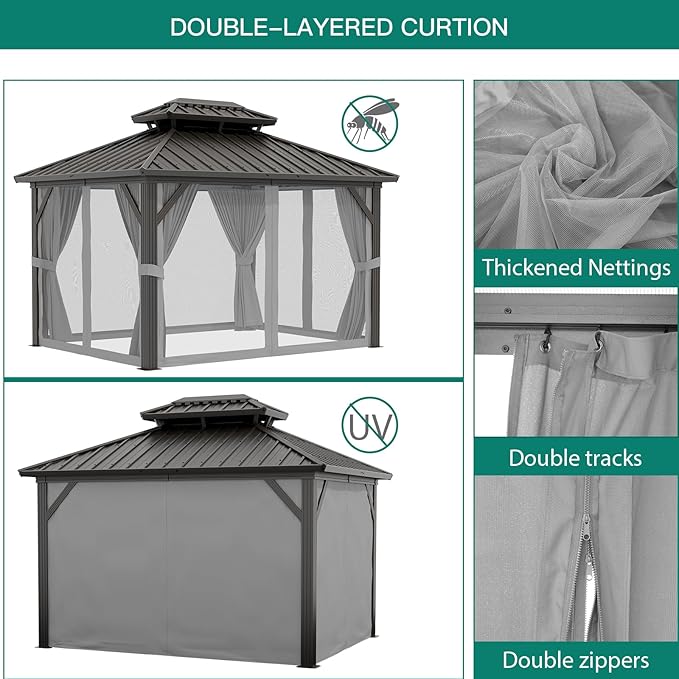12'x12' Hardtop Gazebo, Heavy Duty Aluminum Permanent Hardtop Gazebo Outdoor Pavilion with Curtains and Netting for Garden (Gray, 12'x12')