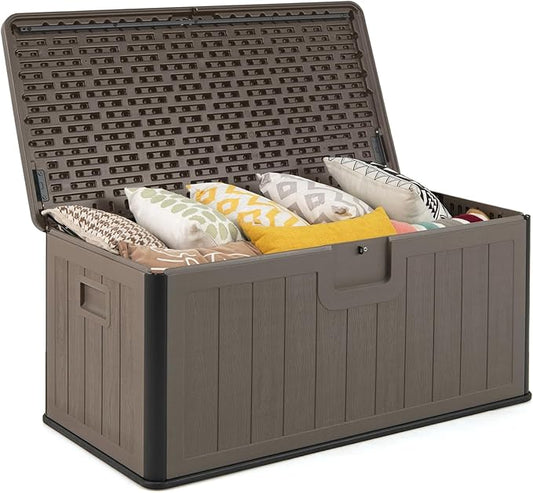 Tangkula 100 Gallon Outdoor Storage Box, Resin Outdoor Storage Bench with Lockable Lid, Waterproof Deck Box for Garden Tools, Pool Accessories, Cushions