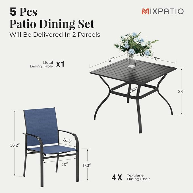 5 Pieces Patio Table and Chairs Set, 4 Person Outdoor Dining Furniture Set, 4 Blue Textilene Chairs and 37" Square Metal Table with Umbrella Hole, for Deck Backyard Lawn