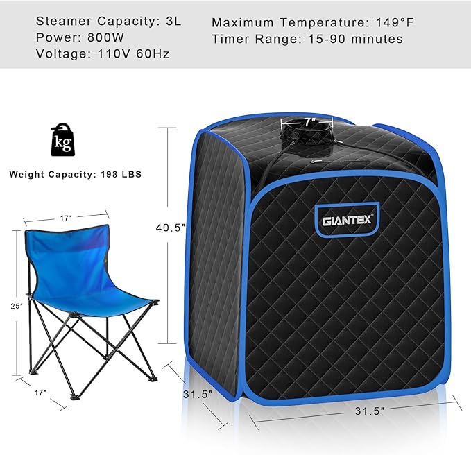 Giantex Portable Sauna, Sauna Box 3L Steam Box Remote Control, 9 Adjustable Temperature & Timer, Foot Roller, Mat & Foldable Chair, Steam Sauna for Single Person, Personal Sauna Tent for Home, Black