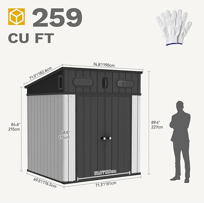 DWVO 6x6 FT Outdoor Storage Shed, All-Weather Resin Garden Tool Shed with Floor & Lockable Door, Plastic Outside Tool Garden Shed with Windows & Vents for Backyard Garden Patio Lawn, Black&Gray