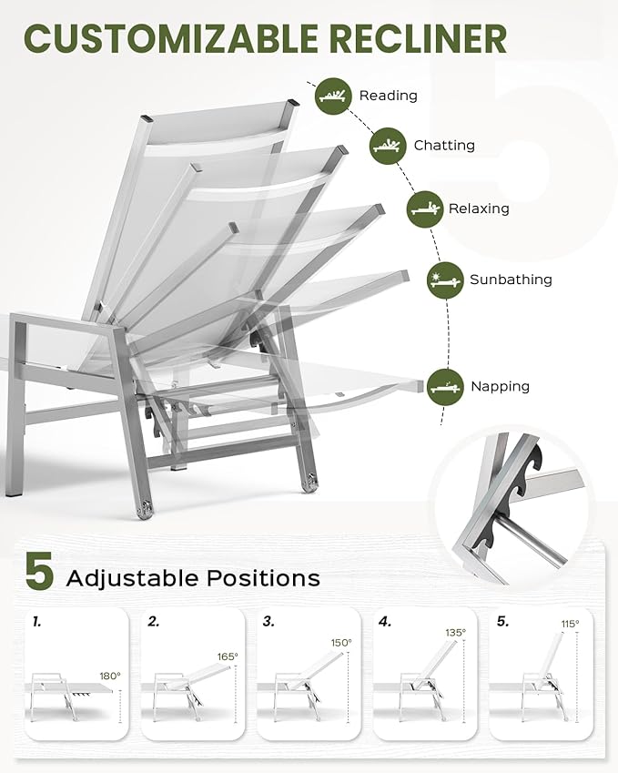 Patio Chaise Lounge Outdoor with Wheels&Armrests, Aluminum Pool Lounge Chairs 5-Position Adjustable Recliner, Sun Beach Lounge Chairs for Poolside, Patio, Deck, Yard, White