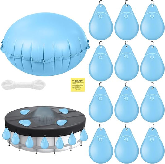 Hungdao 4ft Pool Pillow Cover for Above Ground with 12 Pcs Inflatable Pool Cover Weight with Hook Winter Ice Antifreezing Hanging Bag with Rope and Connection Buckle(Sky Blue,4ft,Round)