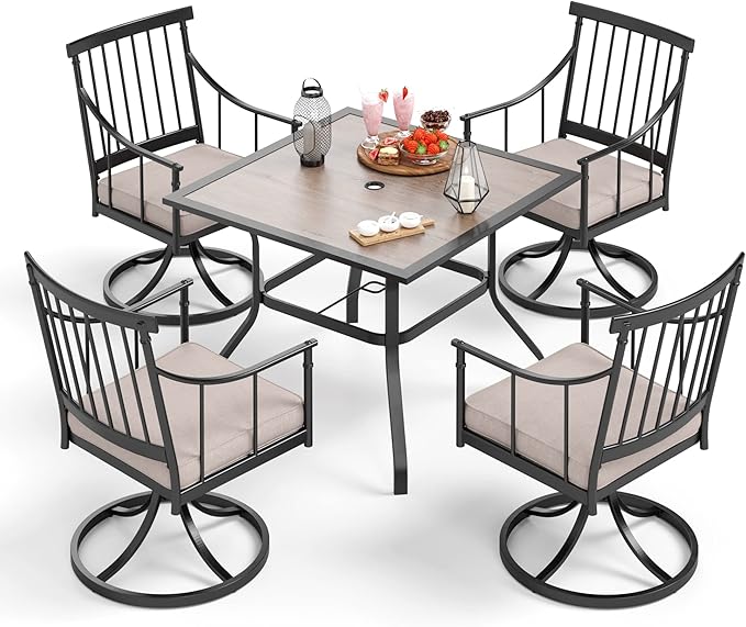 Sophia & William 5 Pieces Patio Furniture Set for 4 People, Metal Patio Outdoor Dining Set with Imitation Wood Patio Table and Swivel Chairs, Conversation Bistro Set for Garden, Yard, Poolside