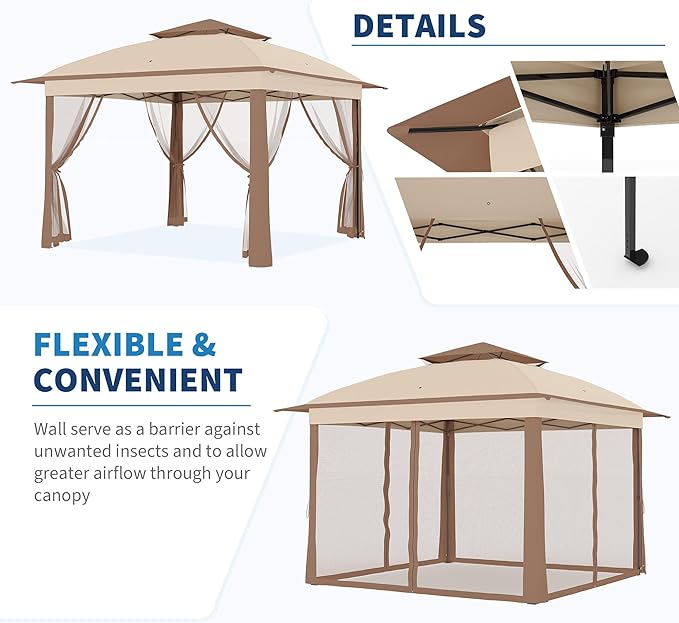 11x11 Pop Up Instant Gazebo Tent for Backyard, Pop Up Gazebo With Mosquito Netting, Outdoor Canopy Gazebos Waterproof With Portable Carrying Bag