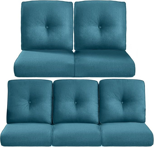 Pop 22x25/22x24 Outdoor Cushions for Patio 5 Piece Set - Set of 5 Water-Resistant Replacement Cushion for Rattan Rocking Swivel Chairs Loveseat Couch Sectional Sofa - Peacock Blue/Button