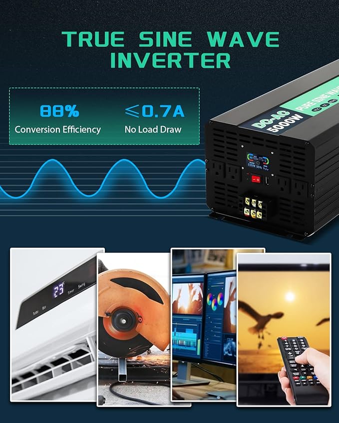 5000W 48V Pure Sine Wave Power Inverter 48V DC to 110V AC with Wireless Remote Control LCD Display 4 AC Outlets, 1 USB and Terminal Blocks for RV Truck Cabin Off Grid