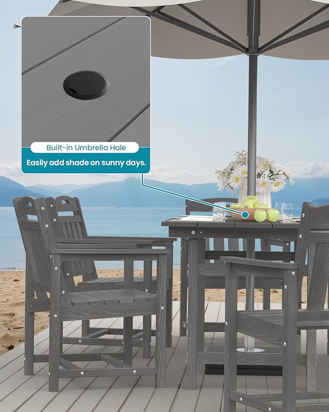 Ciokea HDPE Outdoor Dining Set 5-Piece Patio Table and Chairs with Umbrella Hole, All-Weather Patio Dining Set for 4, Durable Patio Furniture Set for Backyard, Garden, Lawn & Poolside, Grey