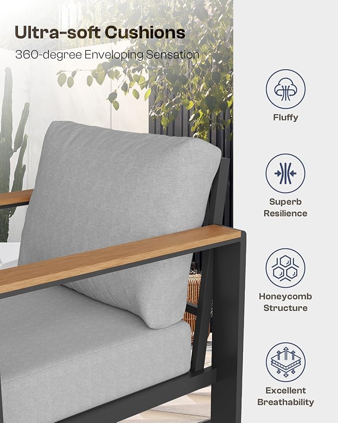 Aluminum Outdoor Patio Furniture Set with Coffee Table, 5 Piece Patio Conversation Sets, Outdoor Sectional Furniture for Porch, Balcony, Yard, Gray