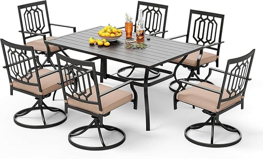 PHI VILLA 7 Pieces Patio Dining Set for 6, 60" Rectangle Metal Steel Table with Umbrella Hole & Swivel Wrought Iron Chairs with Cushions, Large Outdoo Furniture Set for Deck, Porch, Yard