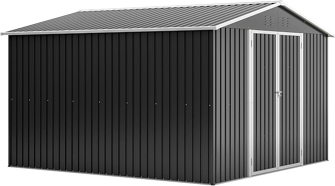10x10 FT Outdoor Storage Shed, Large Metal Garden Shed with Lockable Hinged Doors, Outside Tool Shed with Sloped Roof & 4 Air Vents, Waterproof Storage Building for Backyard, Patio, Lawn, Black