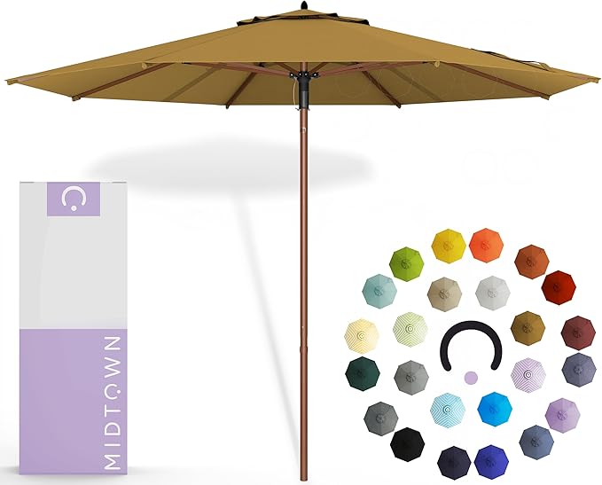 Midtown Umbrellas The Wooden 8 Feet Patio Umbrella With Terylast Sand (Tan) Polyester Fabric - Aluminum Frame Market Umbrella For Backyard, Deck, Garden, Pool - Wooden Pole