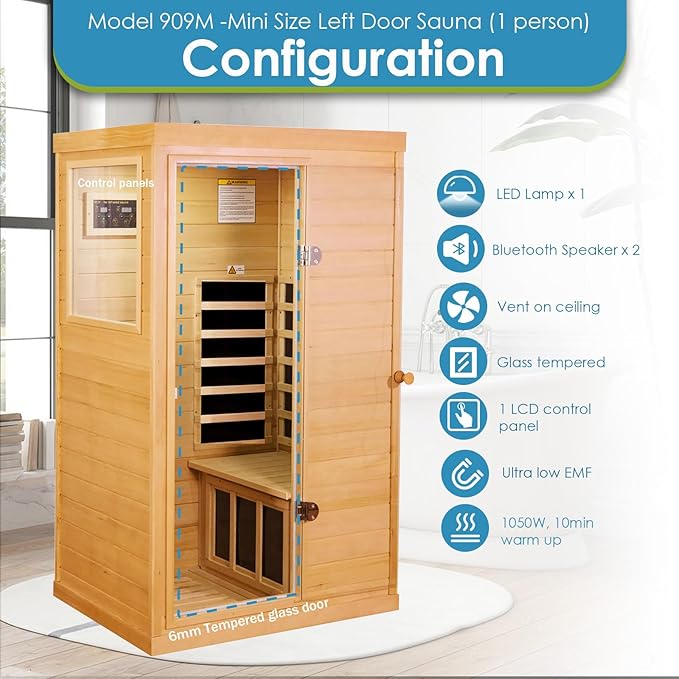 Saunas 909Mini Far Infrared Sauna, Indoor Dry Sauna (Hemlock Wood, 1 Person Mini Size Left Door)