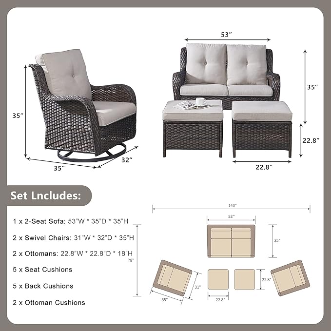 Rilyson 5 Piece Outdoor Patio Furniture Set - Rattan Wicker Patio Conversation Sets with 2 Swivel Rocker Chairs,2 Ottomans and 1 Loveseat for Outside Porch Deck Backyard(Brown/Beige)