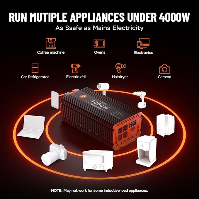 4000 Watt Power Inverter 12V DC to 110V/120V AC Converter Peak Power 8000W Car Inverter with LCD Display 2 AC Outlets USB Port Cables Included for RV,Truck,Off-Grid Solar System Remote Controller