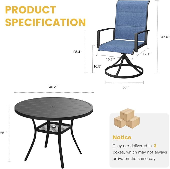 VICLLAX 5 Pieces Patio Dining Set - 41.2" Round Outdoor Table and Swivel Padded Chairs, Black Tabletop and Blue Fabric