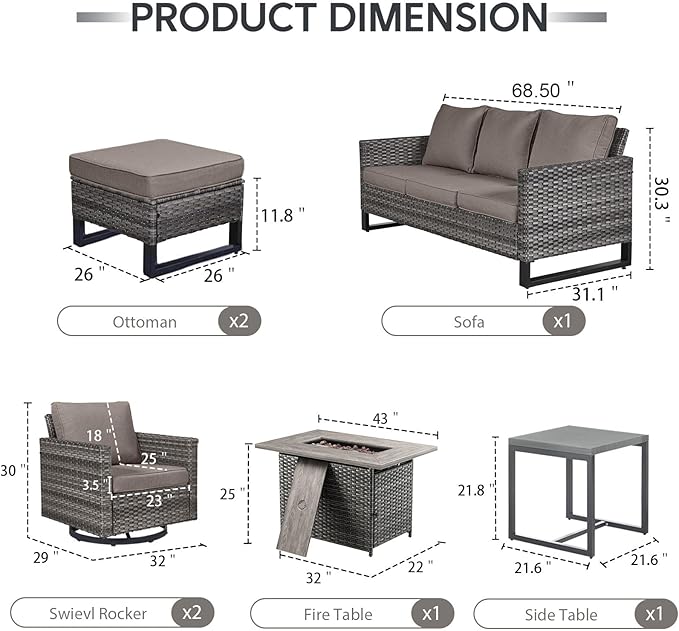 7 Piece Wicker Patio Furniture with Fire Pit Table - Outdoor Conversation Set with 50,000 BTU Fire Pit, All Weather Rattan Patio Set for Deck Backyard Garden - Grey Wicker Grey Cushion