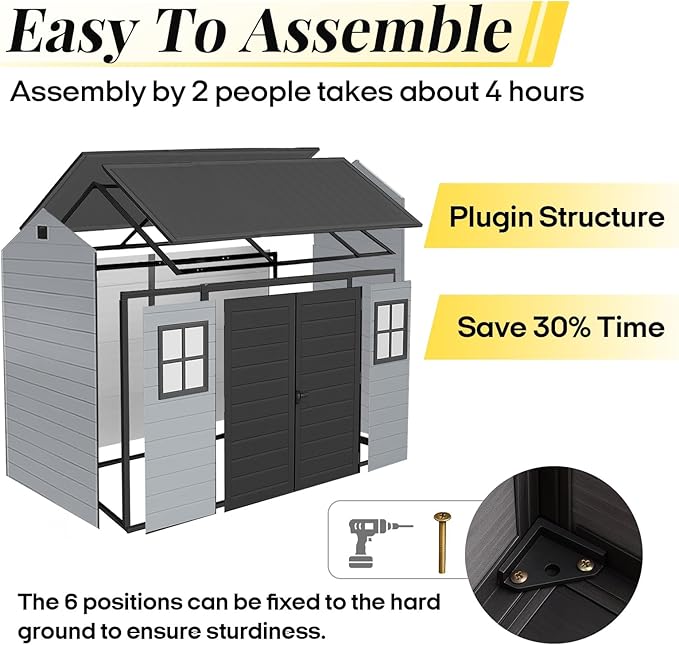 8x4 FT Resin Storage Shed with Floor Included, Outdoor Plastic Sheds & Outdoor Storage Clearance with 2 Windows and Lockable Door, Backyard Storage Shed for Garden Tools, Bike, Black+Grey