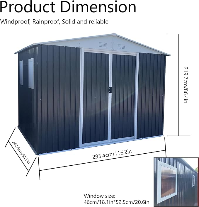 Ball & Cast 6x9 FT Outdoor Storage Shed, Metal Garden Sheds with Punched Vents and Sliding Door, Clearance Tool House with Aluminum Frames for Backyard Patio,Grey