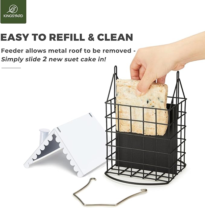 Kingsyard Double Suet Bird Feeder with Weatherproof Roof & Perch, All Metal, Suet Cakes Cage Bird Feeder for Outdoors Hanging, Easy to Clean & Refill, White