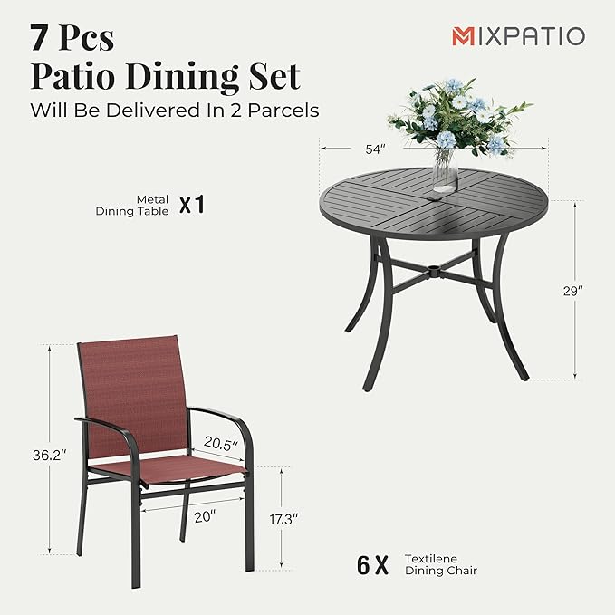 7 Pieces Outdoor Table and Chairs, Patio Dining Set for 6 Includes 54" Round Outdoor Table and 6 Patio Chair Set, Outdoor Dining Furniture Set for Lawn Backyard Deck, Red