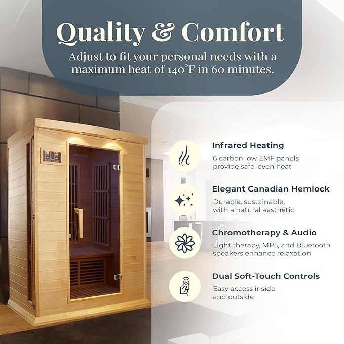 DYNAMIC SAUNAS 2-Person Low EMF FAR Infrared Sauna with Chromotherapy Lighting and Speakers, Maxxus Toulouse - Personal Indoor Dry Heat Sauna for Home & Gym – Made from Canadian Hemlock, 75"