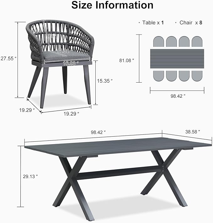 PURPLE LEAF Outdoor Dining Set All-Weather PE Rattan Outdoor Patio Dining Furniture Set with All Aluminum Frame Rectangular Table and 8 Chairs Set for Lawn Garden Backyard Deck, Grey