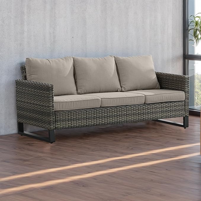 Rilyson Wicker Outdoor Couch Patio Sofa - 3 Seater Rattan Outdoor Patio Couch with Waterproof Wicker,Comfortable Cushions and Sturdy Metal Frame for Outside Porch Deck Backyard(Mixed Grey/Grey)