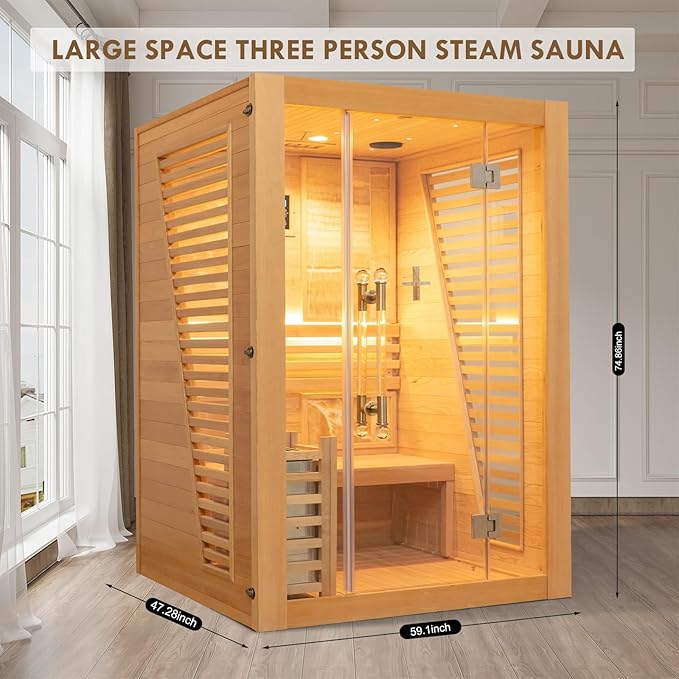 Smartmak Wood Home Steam Sauna, 3 Person Canadian Hemlock Traditional Luxurious Wooden Indoor Spa Room, with 3.5 kw Heater, Bluetooth Speaker, Rocks, Water Bucket, Spoon, Lights, US Instock