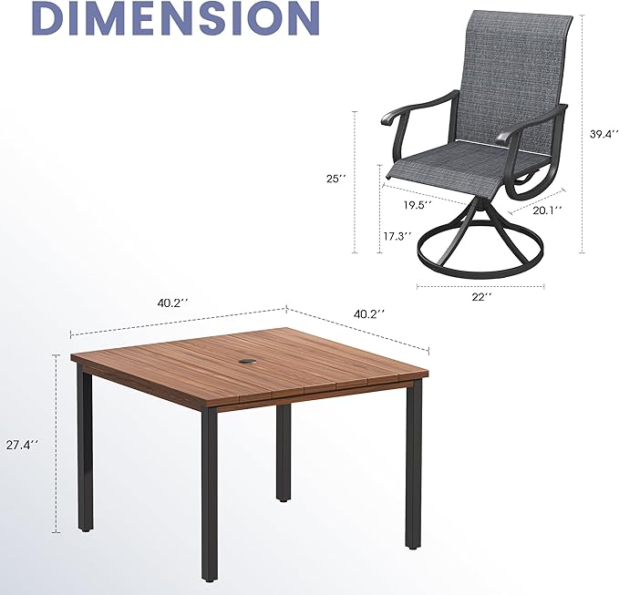 VICLLAX 5 Pieces Outdoor Dining Set, Patio Furniture Set of 4 Patio Swivel Dining Chairs and Square Patio Table, Dark Charcoal Chairs & Walnut Tabletop