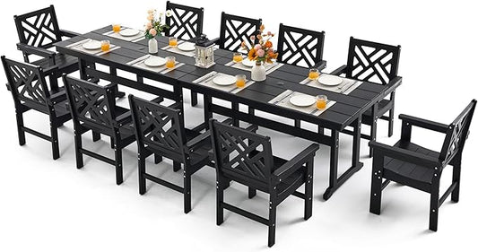 12 Piece HDPE Outdoor Dining Set for 10, Patio HDPE Furniture Set with 2 Table and Umbrella Hole, Outdoor Table and Chairs for Garden, Poolside, Backyard, Deck